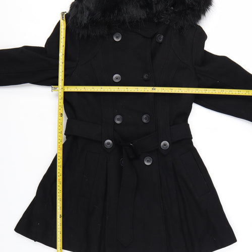 Warehouse Women's Black Wool Blend Belted Pea Coat UK 12