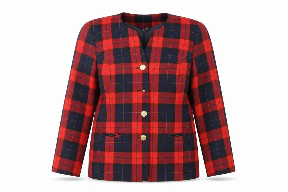 Front view of Hamells women’s red tartan check blazer jacket uk 20 classic lined