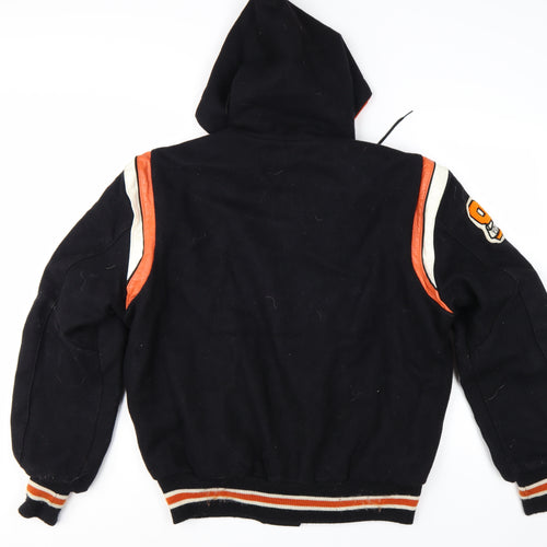 DeLong Women’s Black Varsity Jacket M Wool Leather Hooded Retro Style
