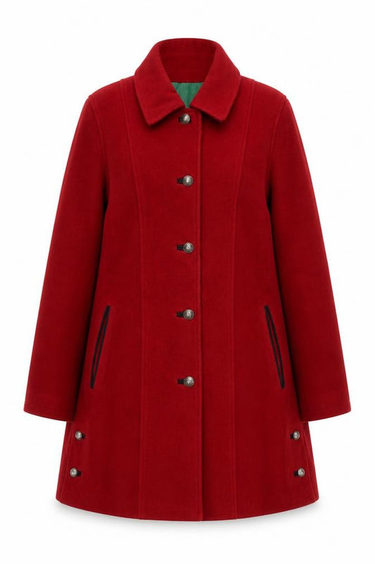 Front view of Rowland's Women's Red Wool Cashmere Blend Mid-Length Coat, size 18