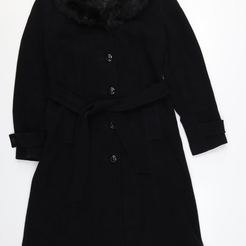 Debenhams Womens Black Wool Cashmere Long Belted Fur Collar Coat Size 10