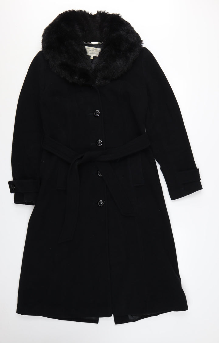 Debenhams Womens Black Wool Cashmere Long Belted Fur Collar Coat Size 10