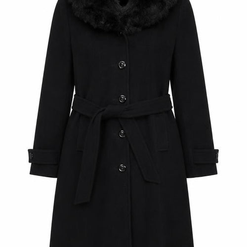 Debenhams Womens Black Wool Cashmere Long Belted Fur Collar Coat Size 10