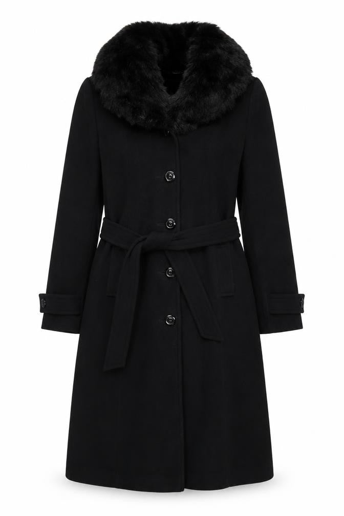Debenhams Womens Black Wool Cashmere Long Belted Fur Collar Coat Size 10