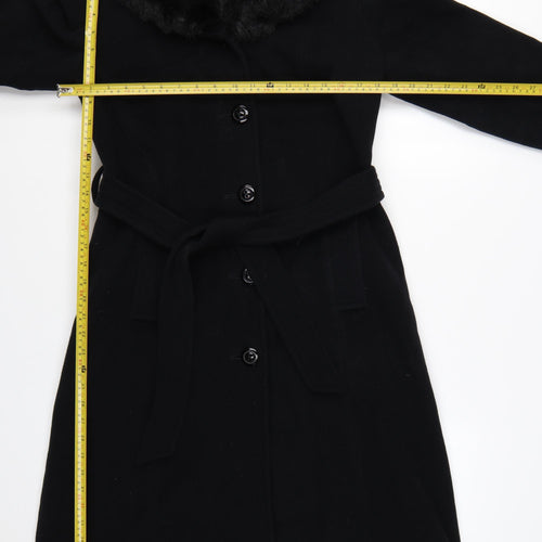 Debenhams Womens Black Wool Cashmere Long Belted Fur Collar Coat Size 10