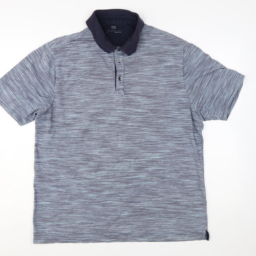 Marks and Spencer Men's Blue Geometric Cotton Blend Polo Shirt Size L