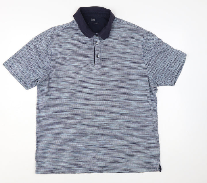 Marks and Spencer Men's Blue Geometric Cotton Blend Polo Shirt Size L