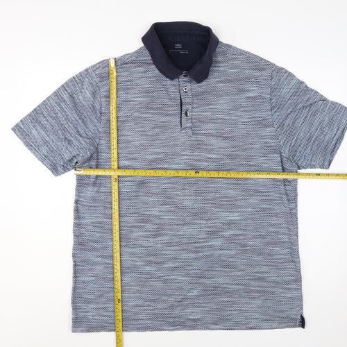 Marks and Spencer Men's Blue Geometric Cotton Blend Polo Shirt Size L