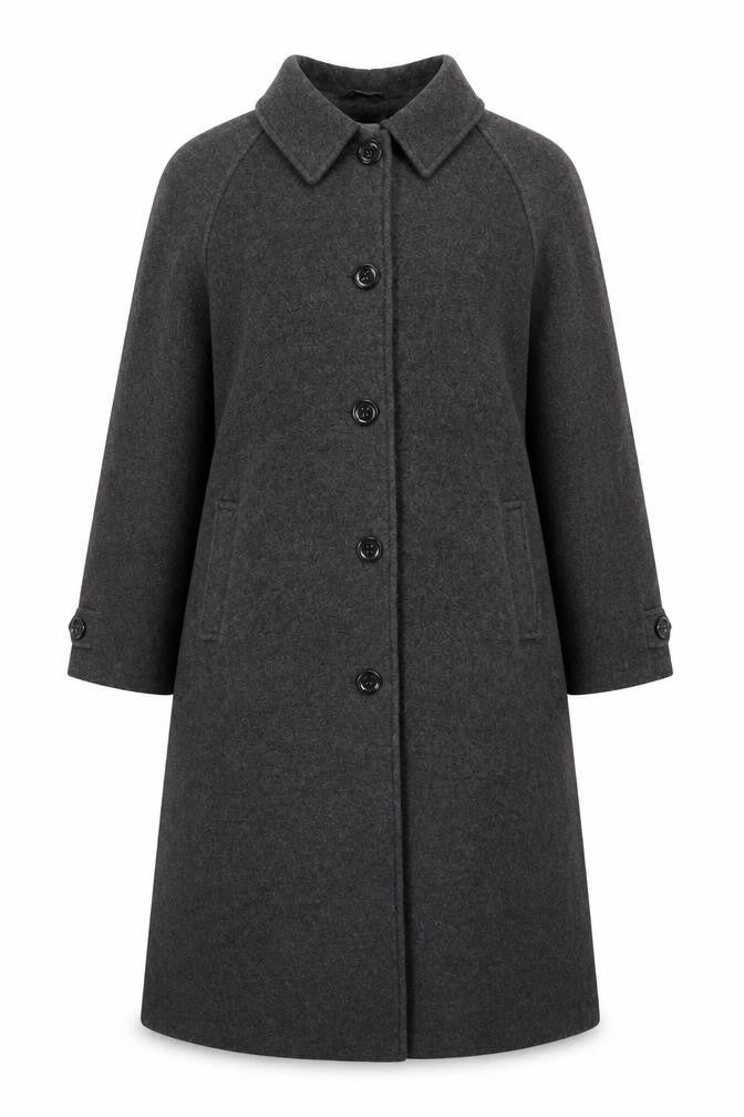 Front view of Damart Women's Grey Wool Blend Long Overcoat, size 18
