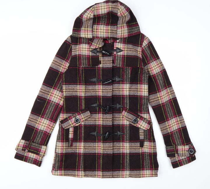 Next Women Brown Check Hooded Duffle Coat Size 8