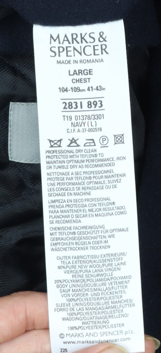Marks and Spencer Men's Navy Wool Overcoat L Classic Mid-Length