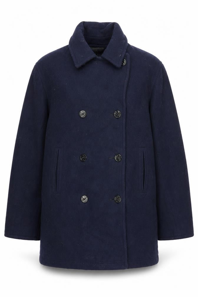 Front view of Savannah Women's Blue Wool Pea Coat, size 12, Classic Mid-Length