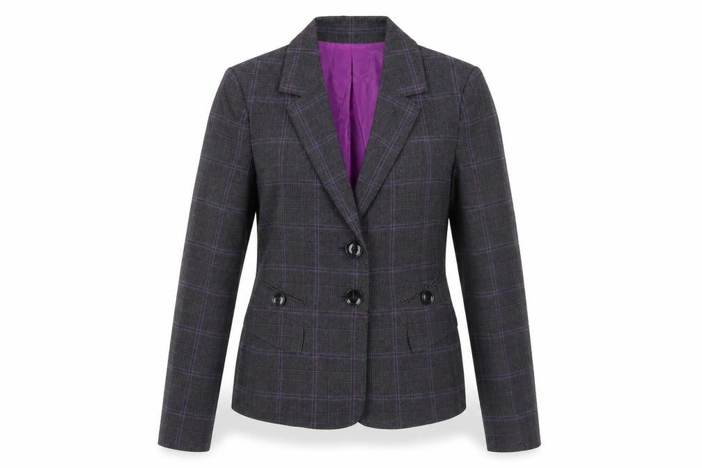 Front view of Le Suit Women's Grey Check Double-Breasted Blazer Jacket, size 8