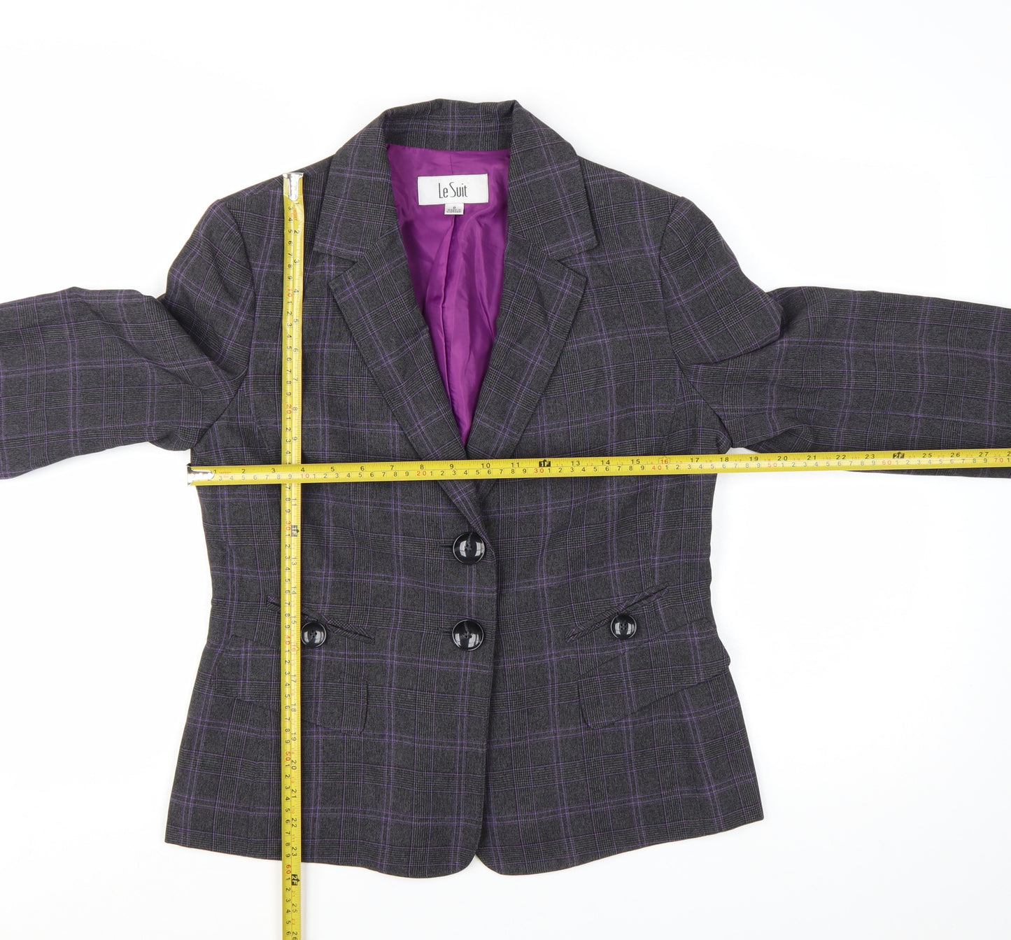 Le Suit Women's Grey Check Double-Breasted Blazer Jacket Size 8