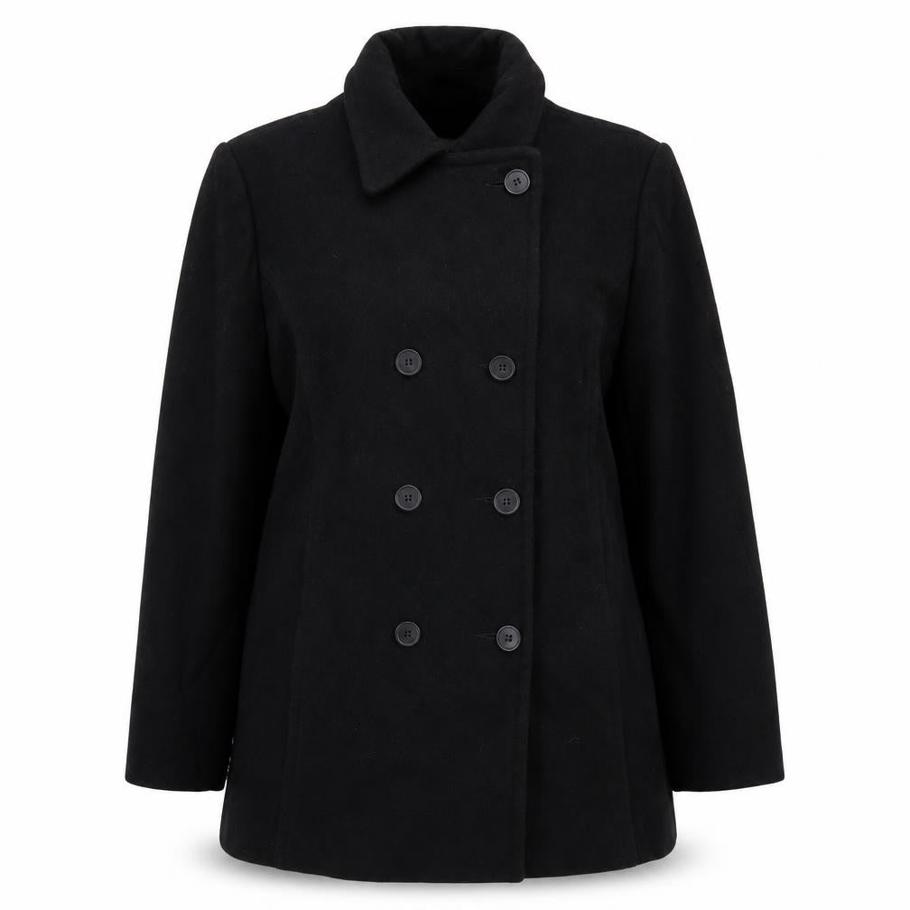 Front view of Worthington women’s black wool blend pea coat, size UK 12