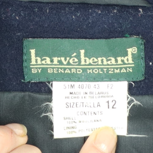 Harvé Benard Women's Navy Wool Button Coat Size 12 Classic Mid-Length