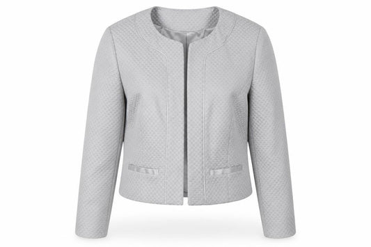Front view of Monsoon Women's Grey Textured Cropped Suit Jacket, size 14