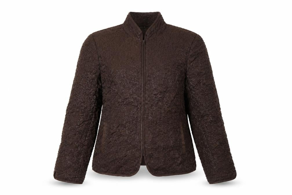 Front view of Victor Costa Women's Brown Quilted Textured Zip Jacket, size 10