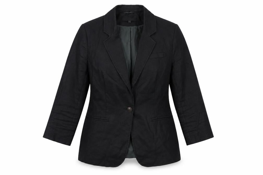 Front view of Marks & Spencer women’s black linen single-breasted blazer, size UK 12