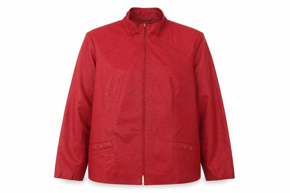 Front view of Marcona Women's Red Faux Leather Zip Jacket, size 18, Lined Classic Style