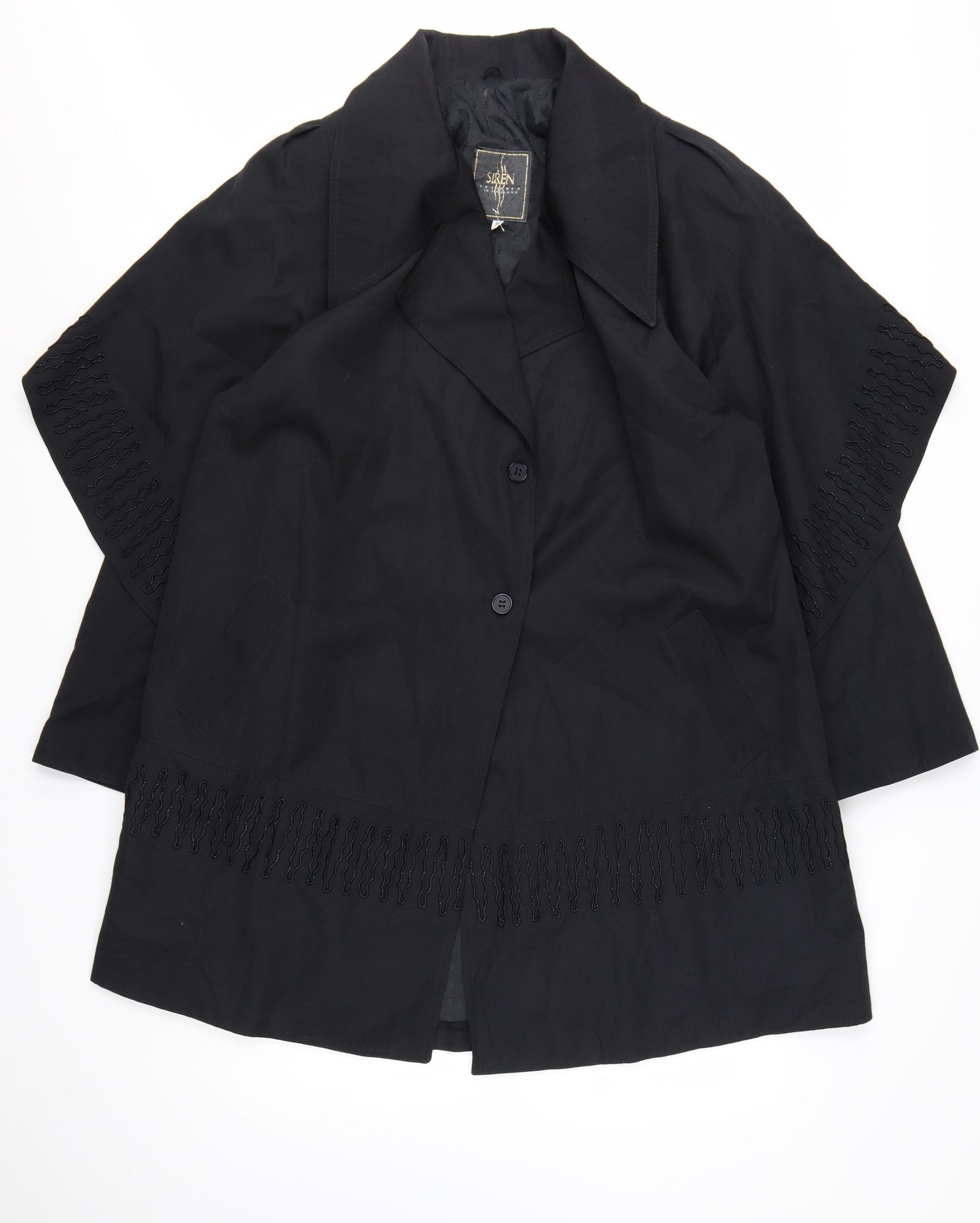 Siren Women’s Black Embroidered Mid-Length Overcoat Size S