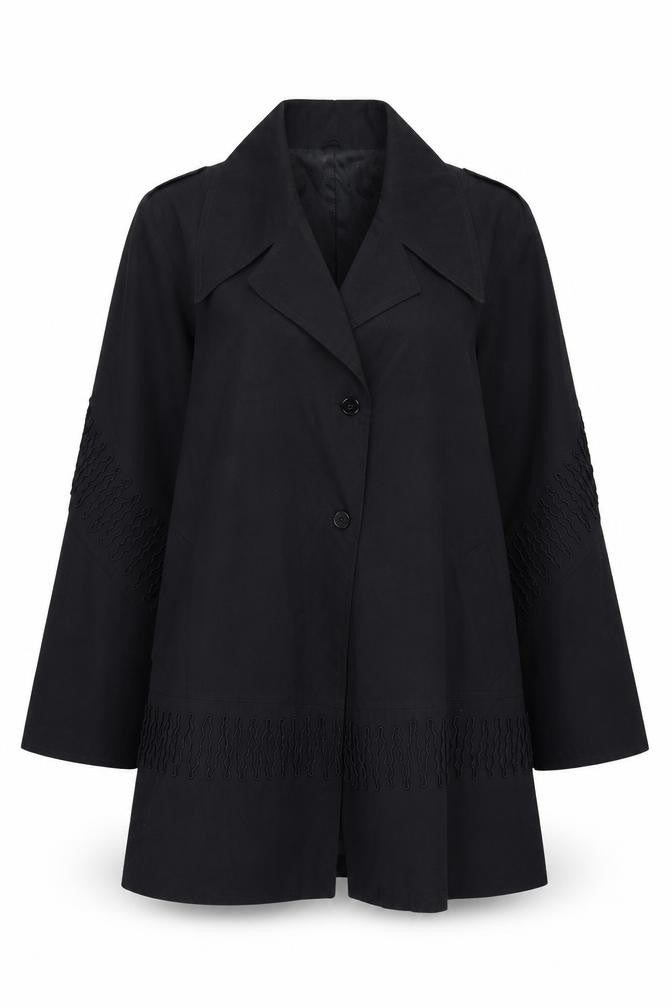 Front view of Siren Women’s Black Embroidered Mid-Length Overcoat, size S
