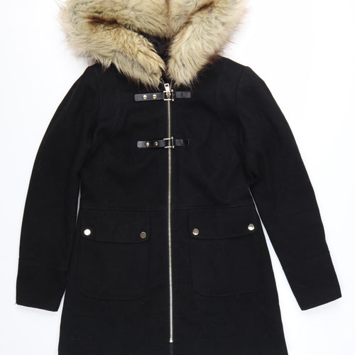 Miss Selfridge Women Black Faux Fur Hooded Mid-Length Coat UK 8