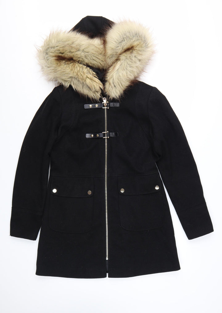 Miss Selfridge Women Black Faux Fur Hooded Mid-Length Coat UK 8