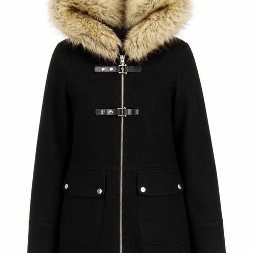 Miss Selfridge Women Black Faux Fur Hooded Mid-Length Coat UK 8