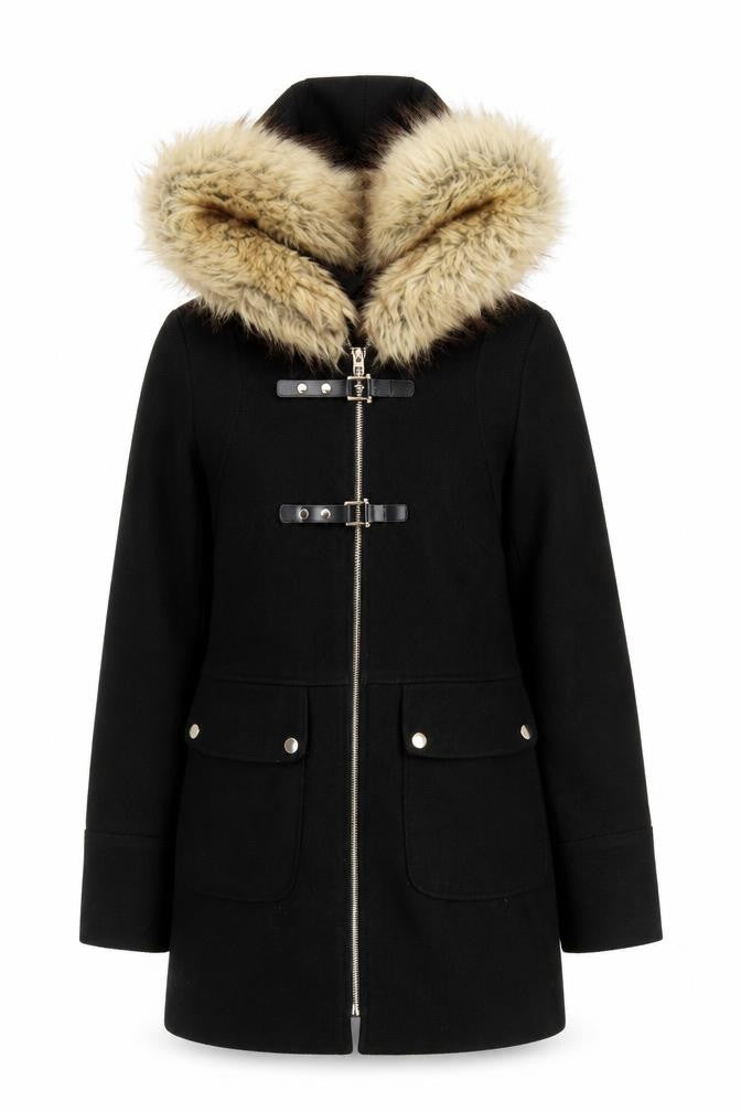 Miss Selfridge Women Black Faux Fur Hooded Mid-Length Coat UK 8