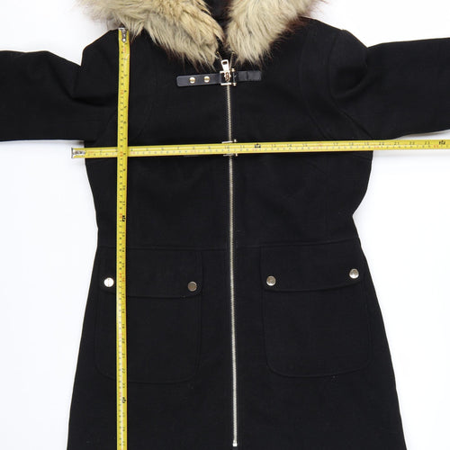 Miss Selfridge Women Black Faux Fur Hooded Mid-Length Coat UK 8