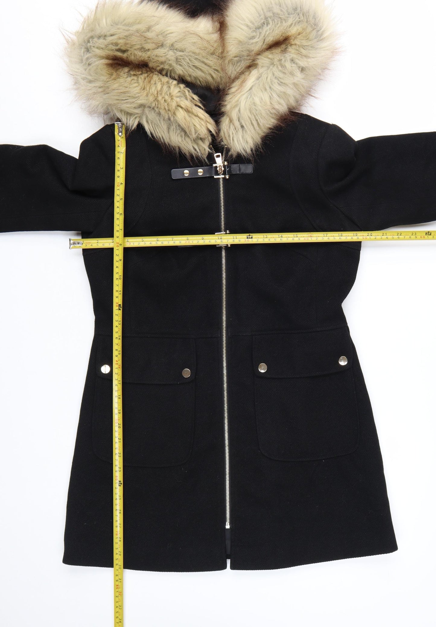 Miss Selfridge Women Black Faux Fur Hooded Mid-Length Coat UK 8