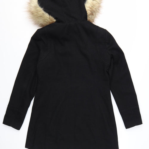 Miss Selfridge Women Black Faux Fur Hooded Mid-Length Coat UK 8
