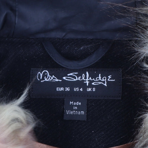 Miss Selfridge Women Black Faux Fur Hooded Mid-Length Coat UK 8