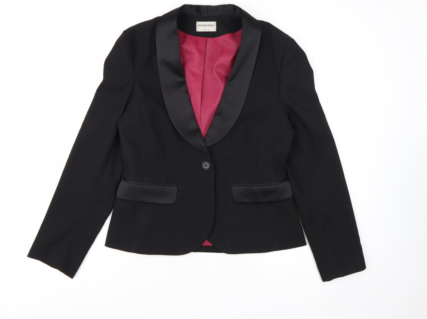 Internacionale Women Black Size 12 Tuxedo Blazer Shawl Lapel Jacket
