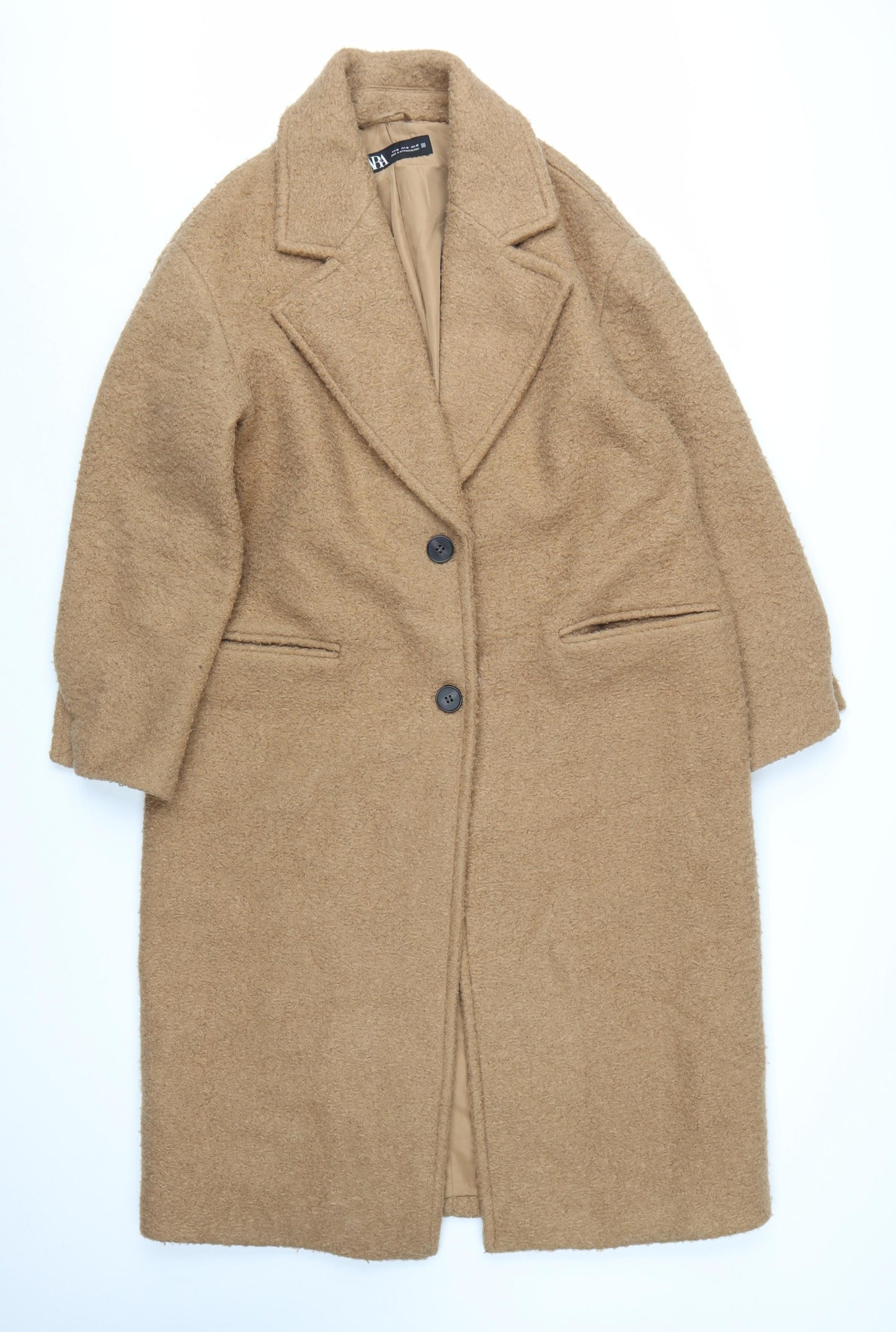 Zara Women Beige Long Wool Blend Single-Breasted Coat Size M