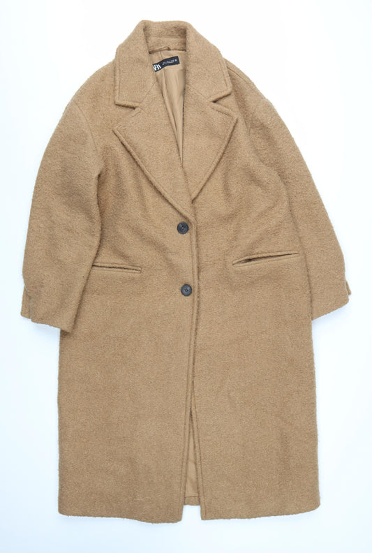Zara Women Beige Long Wool Blend Single-Breasted Coat Size M