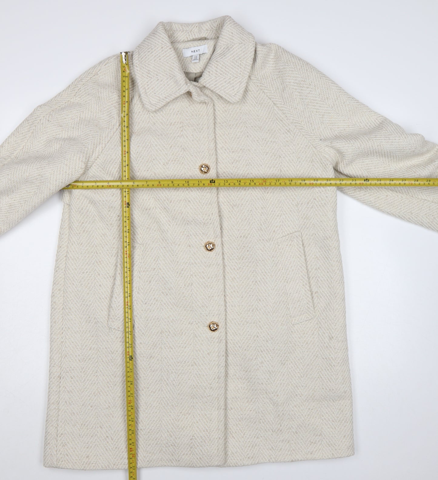 Next Women’s Beige Herringbone Wool Blend Mid-Length Coat Size 14