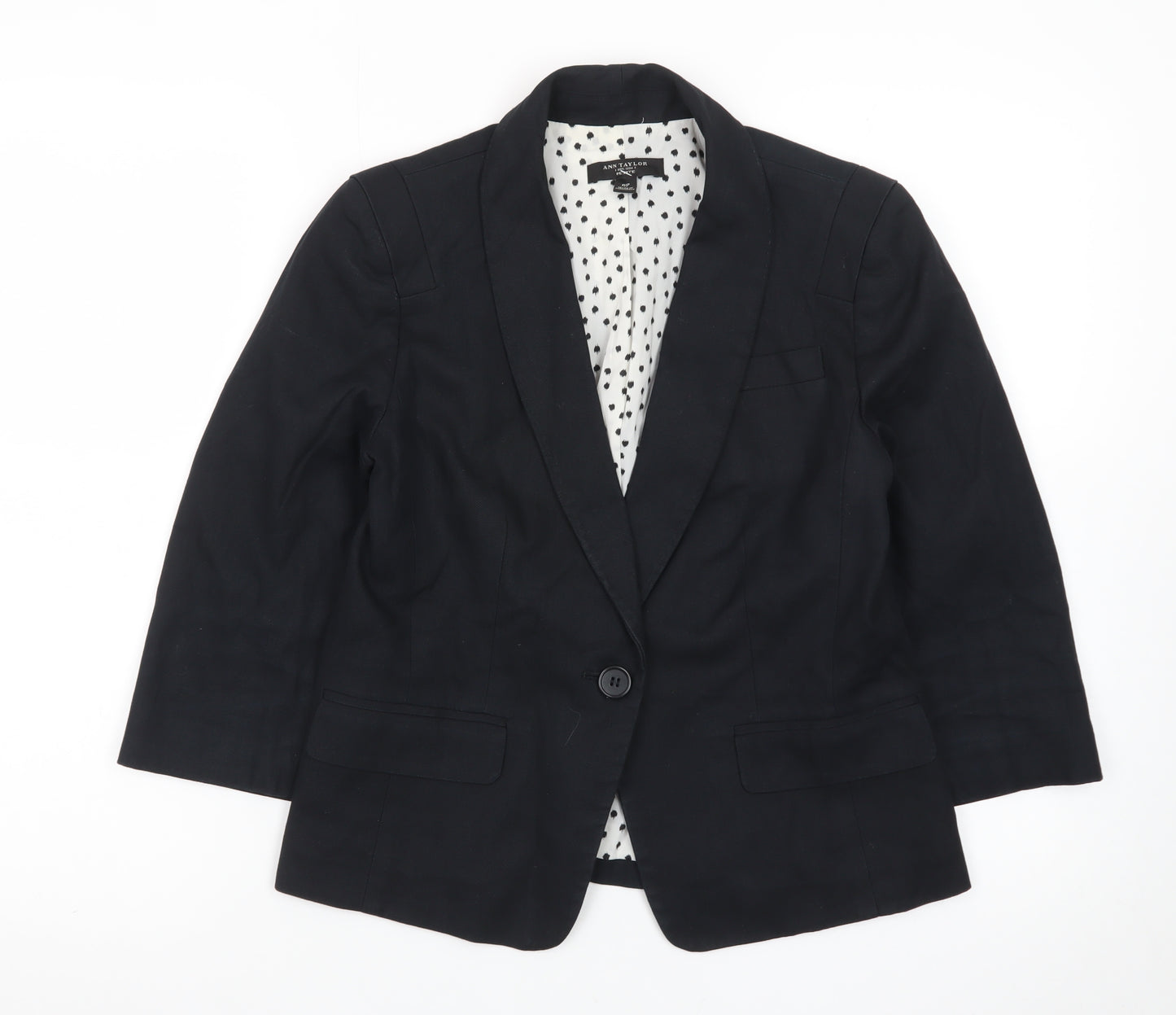 Ann Taylor Women Black Petite Blazer Single-Breasted Size 10P Cotton Blend