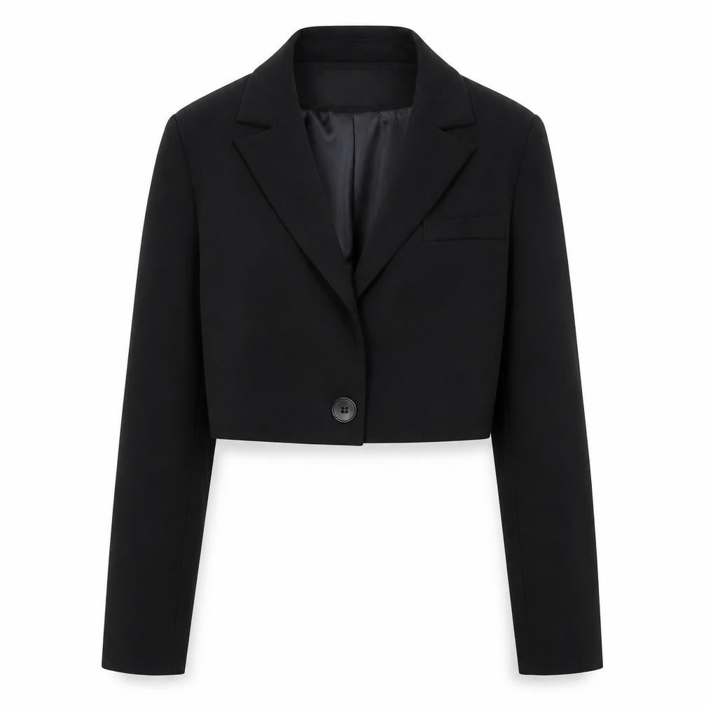 Front view of Aloha Studio Women's Black Cropped Single-Breasted Blazer, size S