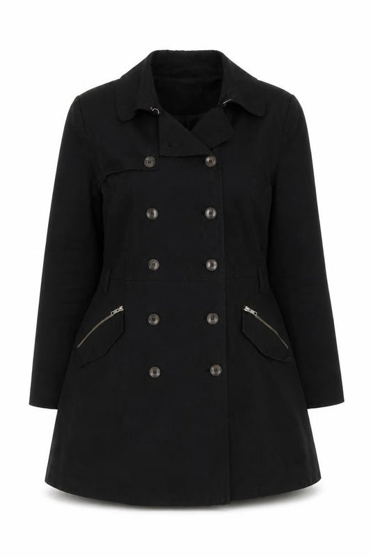 Front view of ASOS Women's Black Double-Breasted Mid-Length Coat UK 12
