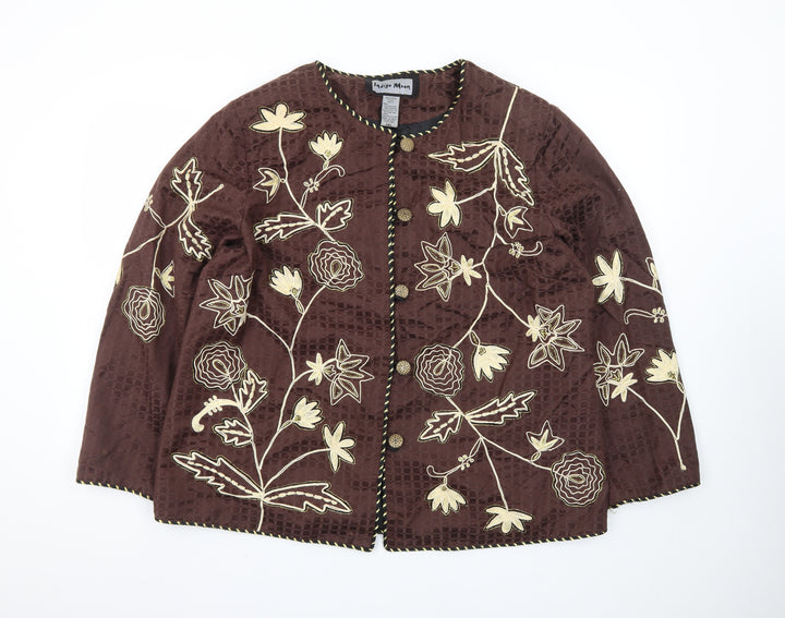 Indigo Moon Brown Floral Embroidered Jacket Women XL Lined Bohemian Style
