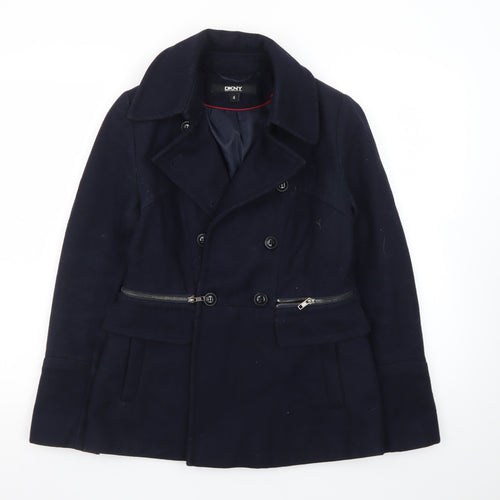 DKNY Women's Blue Wool Pea Coat Size 8 Classic Short Double-Breasted