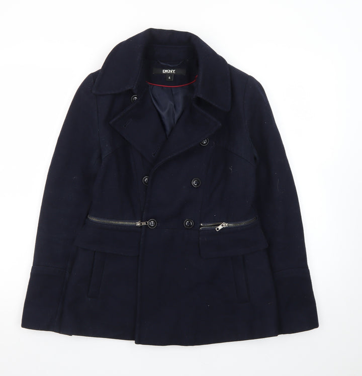 DKNY Women's Blue Wool Pea Coat Size 8 Classic Short Double-Breasted