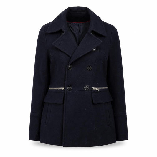 Front view of DKNY Women's Blue Wool Pea Coat, size 8, Classic Short Double-Breasted