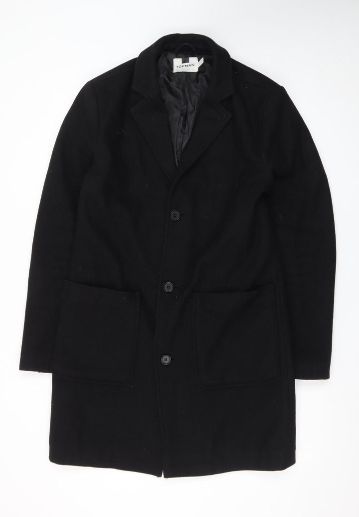 Topman Men's Black Wool Blend Mid-Length Overcoat Size S