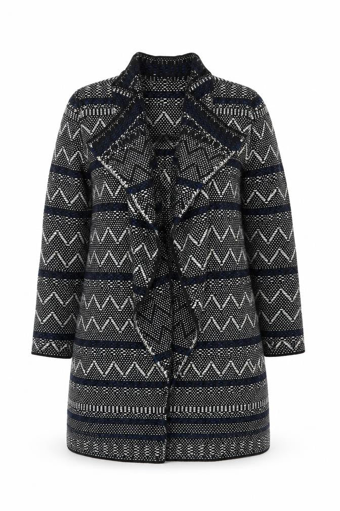 Front view of Soon women’s black geometric knit open cardigan, size UK 14