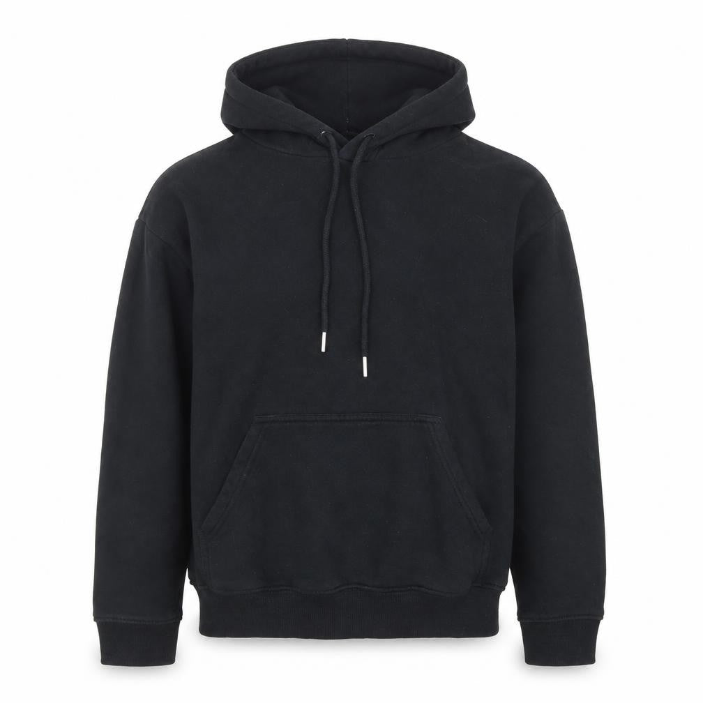 Front view of H&M Men's Black Pullover Hoodie, size S, Cotton Blend Fleece