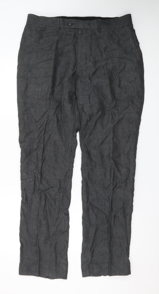 Next Men's Grey Linen Formal Trousers 34L Slim Straight Fit