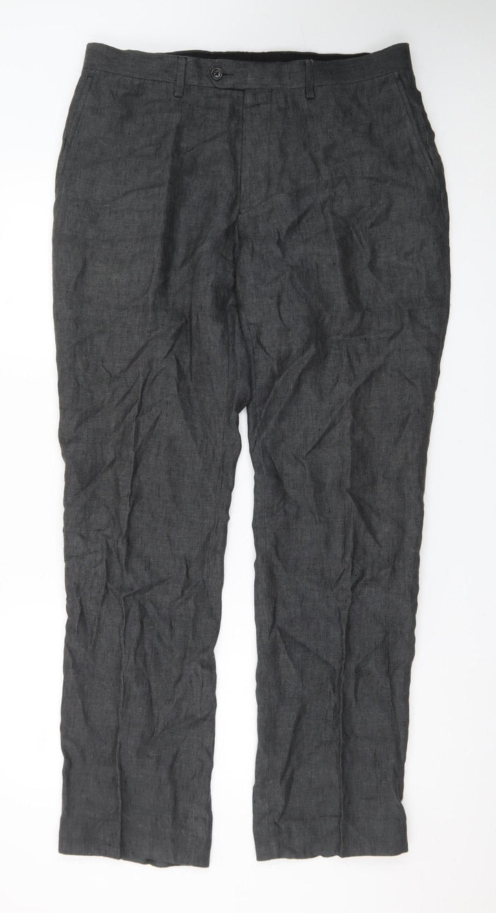 Next Men's Grey Linen Formal Trousers 34L Slim Straight Fit